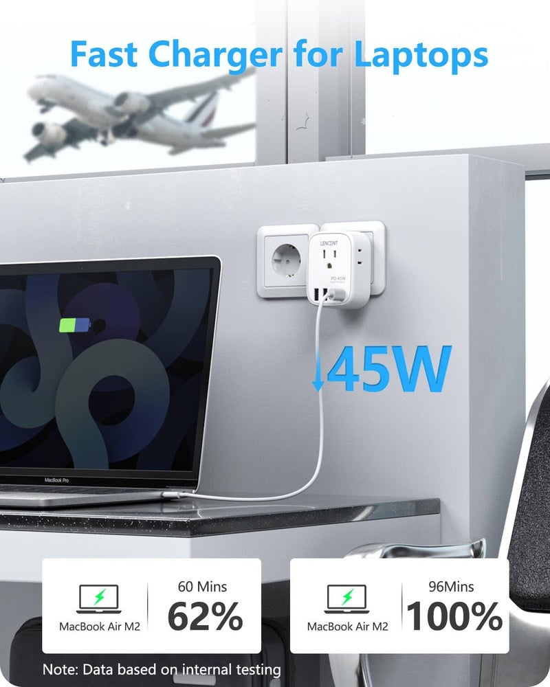 Lencent محول طاقة السفر إلى ألمانيا وفرنسا، شاحن سريع PD 45W USB C، محول شوكو نوع E F مع 4 مآخذ، أساسيات السفر من الولايات المتحدة إلى أوروبا، إسبانيا، اليونان، روسيا، ألمانيا، كوريا الجنوبية - Image 4
